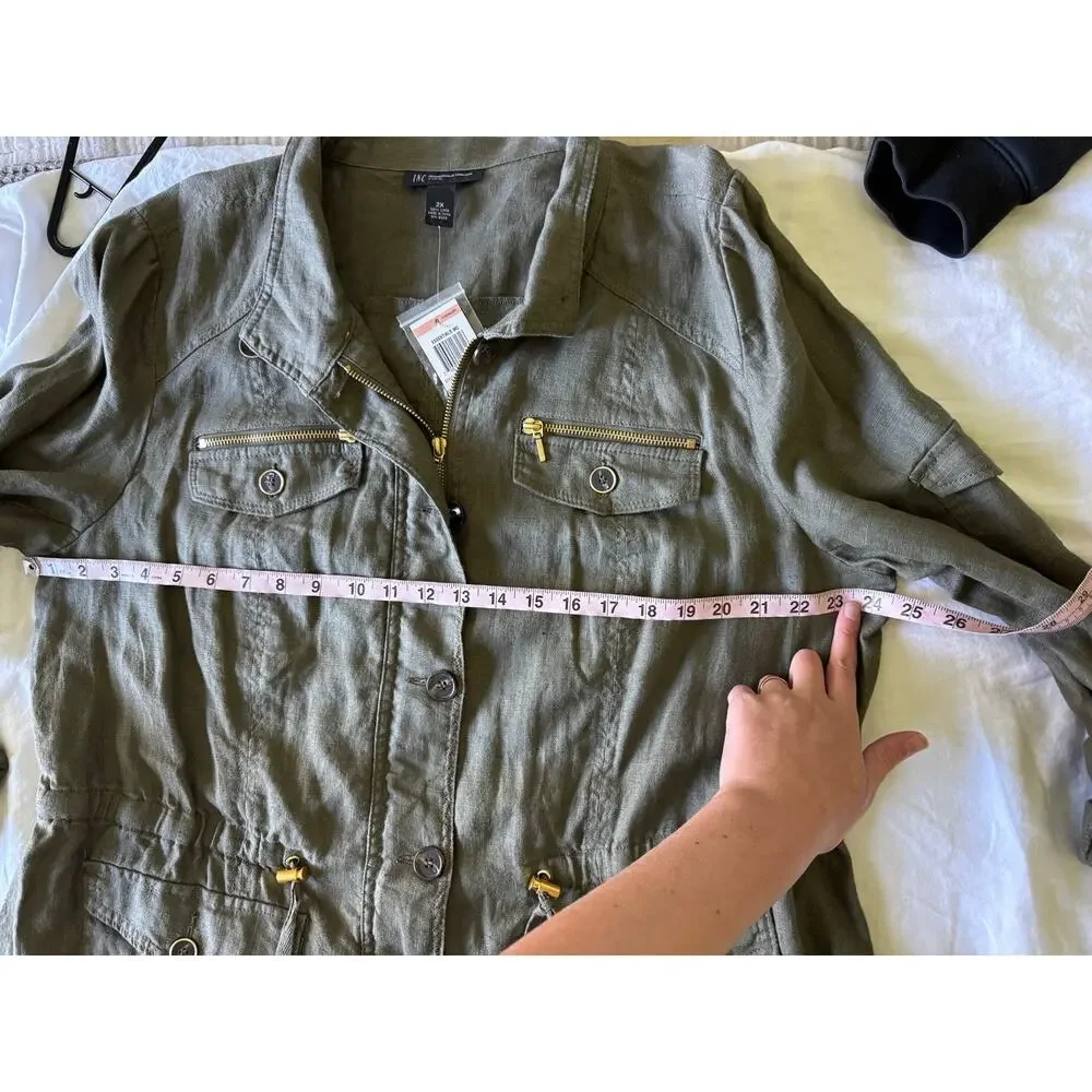INC Utility Jacket Women's 2XL Olive Green Linen Lightweight Cargo Military Chic - Picture 12 of 14
